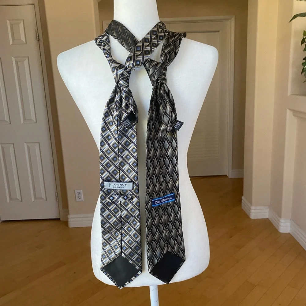 Set of Two Elegant Silk Men's Ties - Black, Blue and Gray